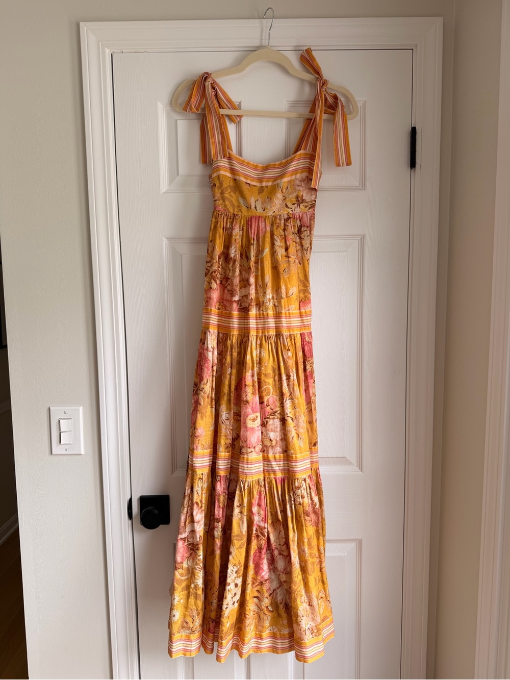 Zimmermann Floral Tie Shoulder Maxi Dress Size 1 Yellow Pink Cotton Resort